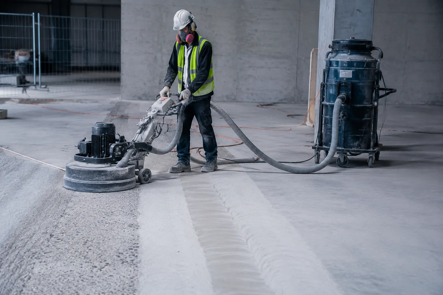Industrial floor grinding with dust extraction